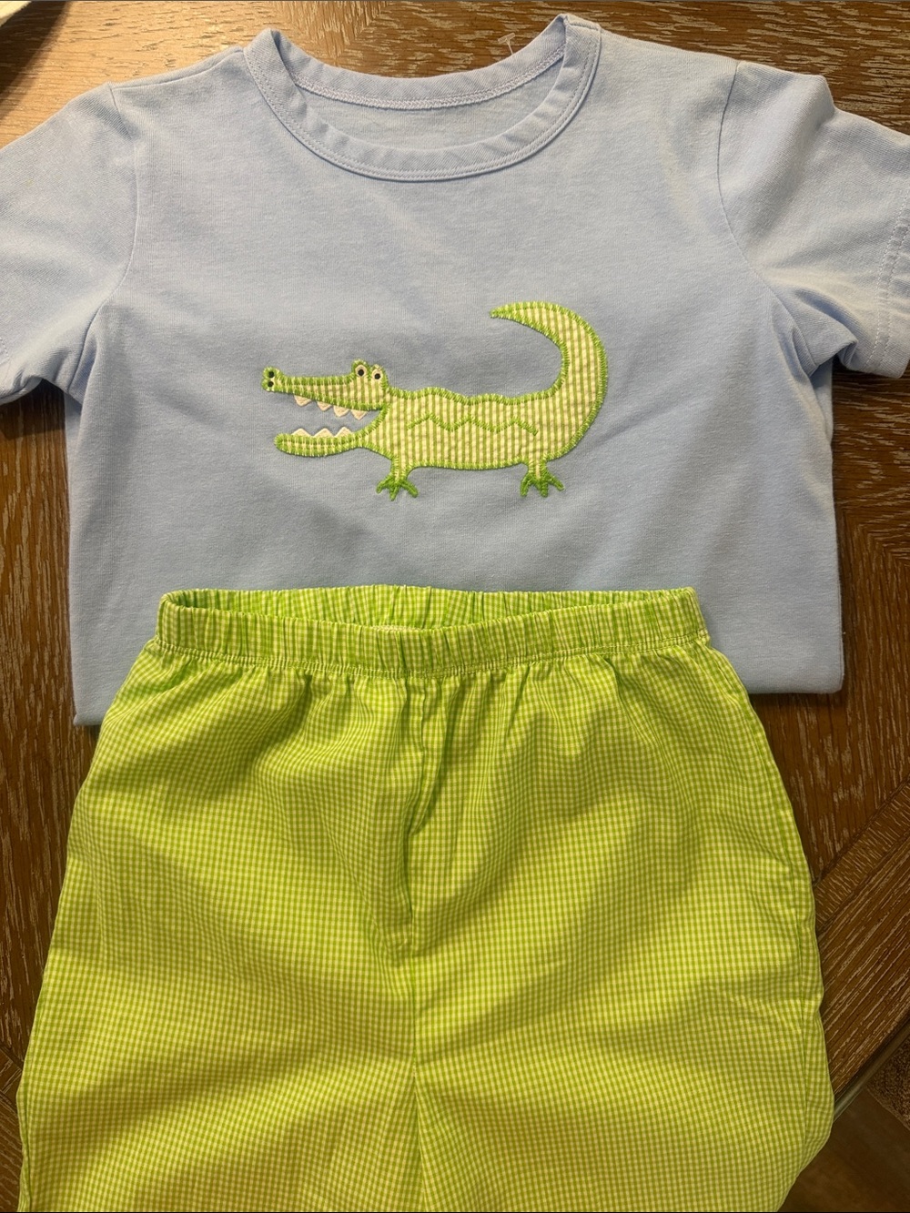 Kelly's Kids Light Blue and Lime Green Alligator matching short set